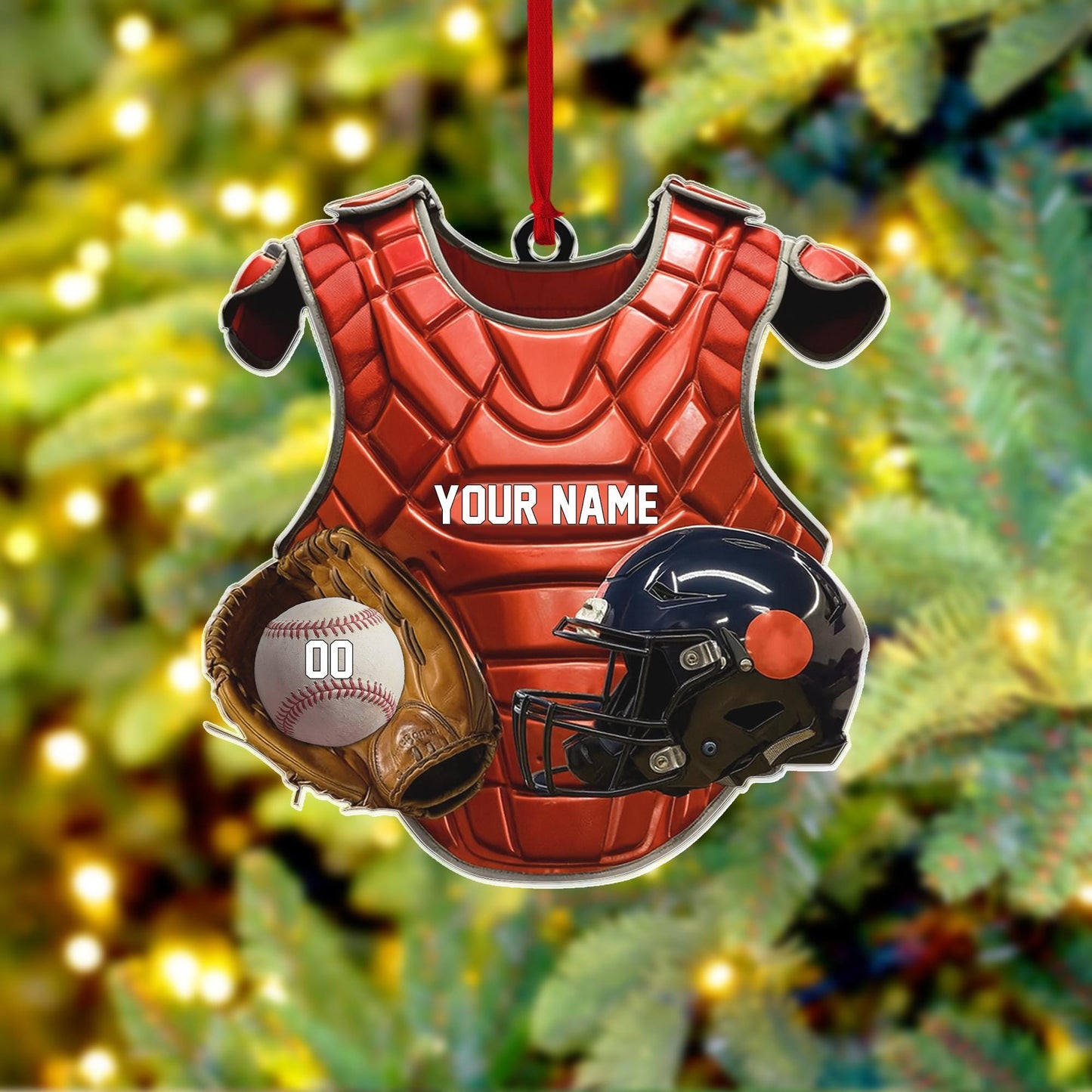 Custom Name Baseball Catcher Chest Protector & Helmet Personalized Ornament, Christmas Tree Hanging, Christmas Ornament, Flat 2D Ornament