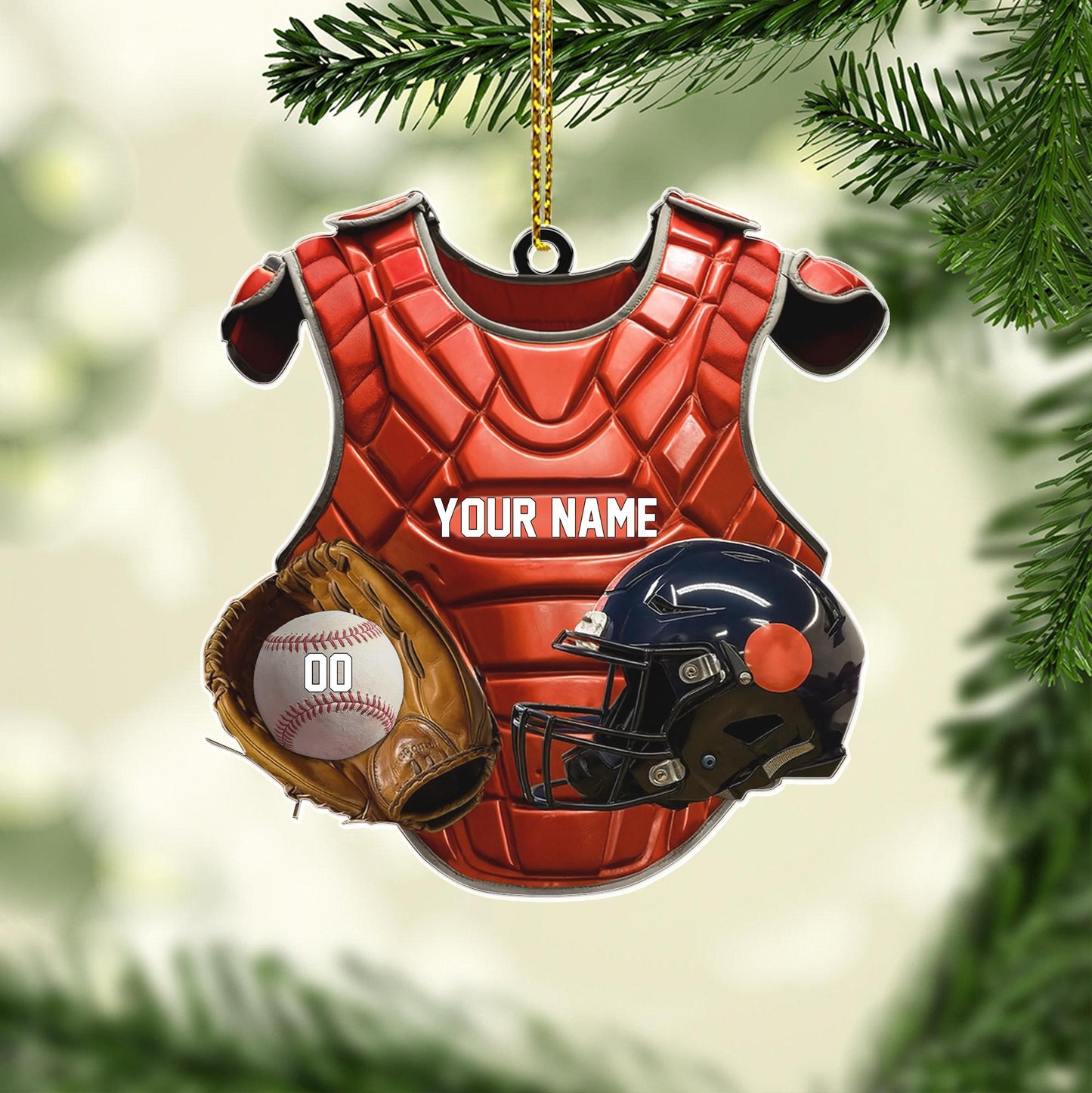 Custom Name Baseball Catcher Chest Protector & Helmet Personalized Ornament, Christmas Tree Hanging, Christmas Ornament, Flat 2D Ornament