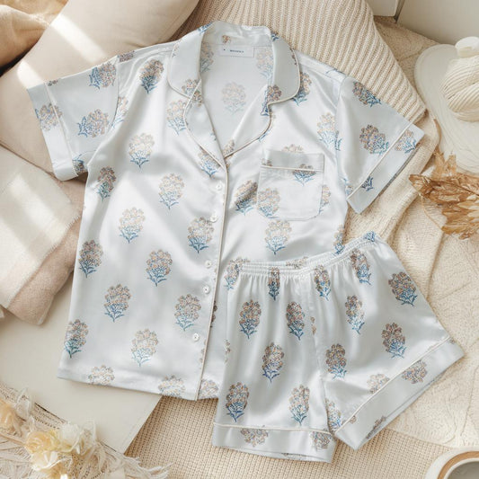 Hand Block Print Satin Pajamas Set, Floral Pattern Pajama, Bridesmaid Pajama, Bride Pajama, Family Pyjamas, Womens Pajamas, Bridal Pajamas