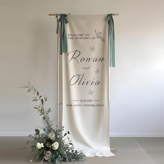 Personalized Wedding Welcome Sign Banner, Custom Wedding Banner with Names and Date, Elegant Fabric Hanging Sign for Ceremony Entrance
