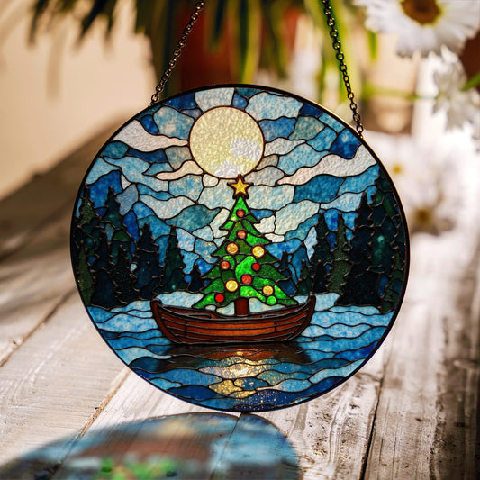 Christmas Tree Boat Moonlight Suncatcher Stained Glass Window Decor Gift for Holiday Lovers