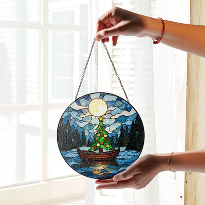 Christmas Tree Boat Moonlight Suncatcher Stained Glass Window Decor Gift for Holiday Lovers
