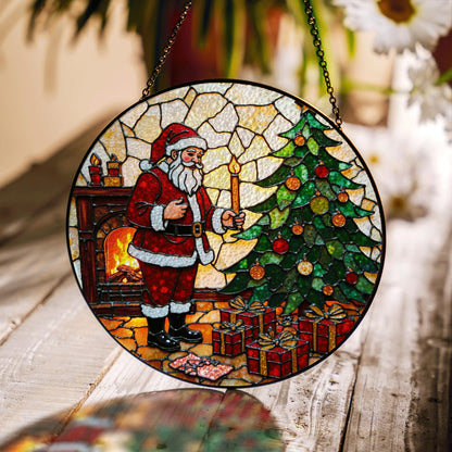 Santa by Christmas Tree Round Glass Suncatcher Holiday Window Decor Christmas Gift for Mom
