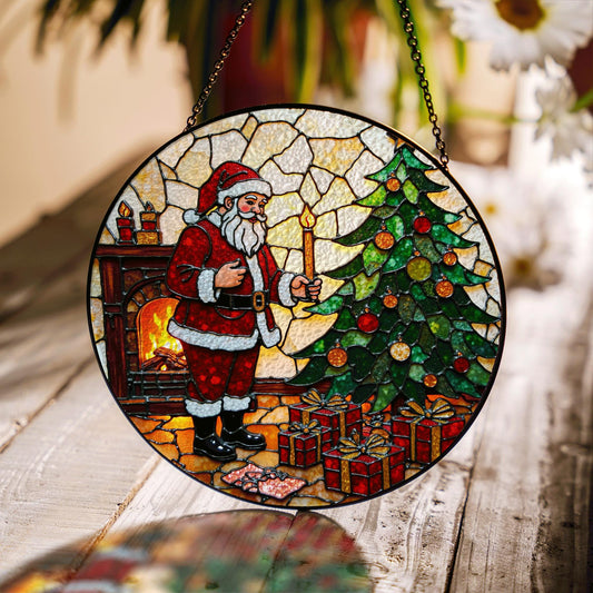 Santa by Christmas Tree Round Glass Suncatcher Holiday Window Decor Christmas Gift for Mom
