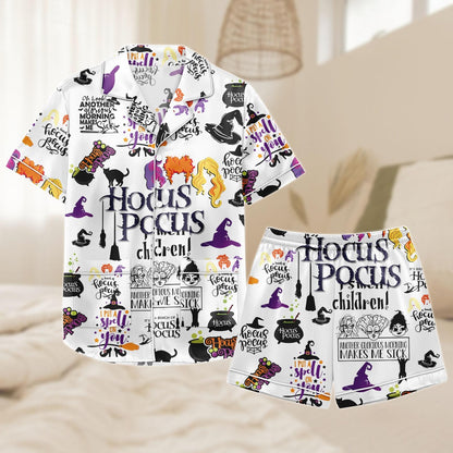Hocus Pocus Short Satin Pajamas, Witchy Sleepwear Set for Women, Silky Halloween Lounge Outfit, Pajama Shorts, Gift for Hocus Pocus Fan  Pajamas Set