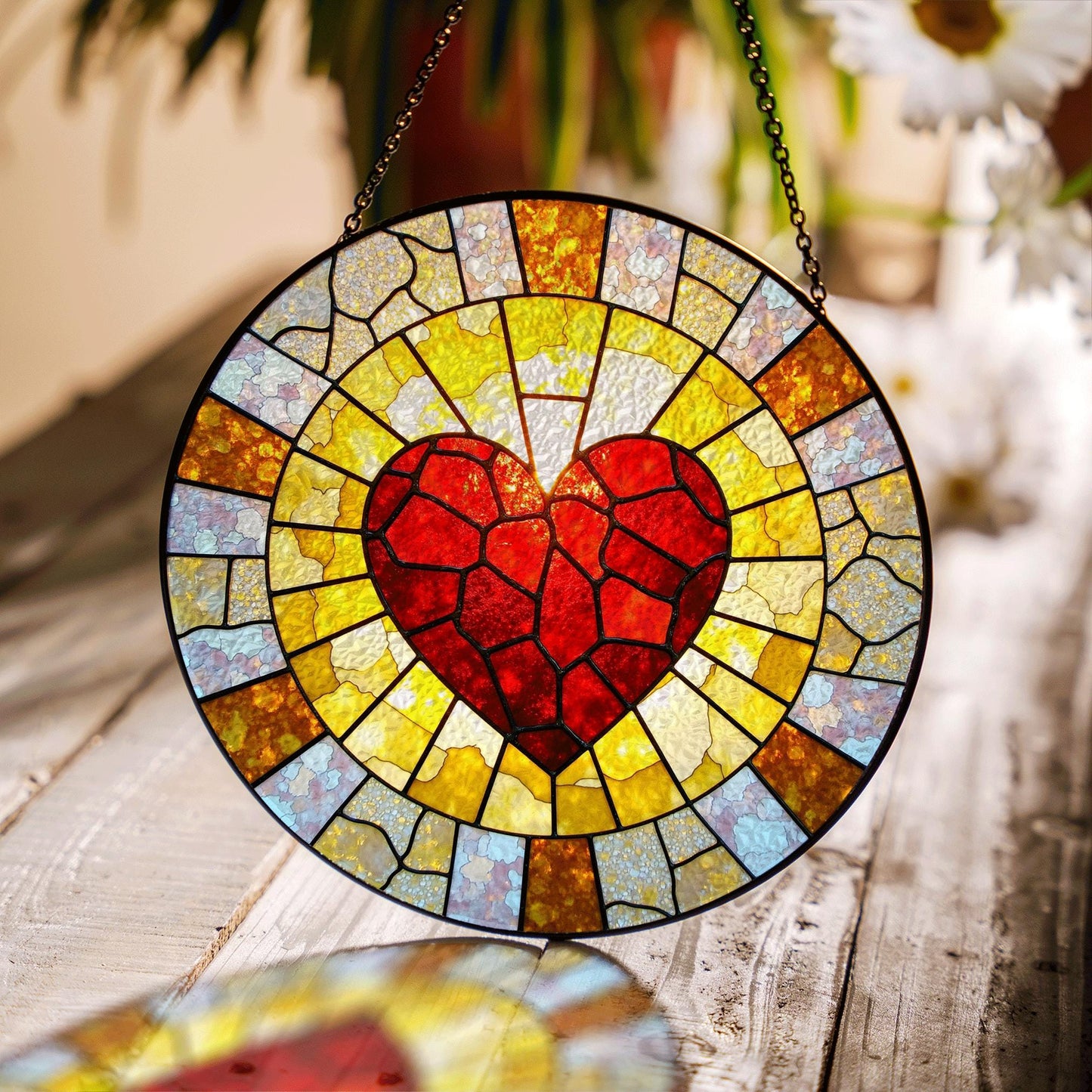Red Mosaic Heart Stained Glass Suncatcher Window Hanging Love Decor Gift for Anniversary or Valentines Day