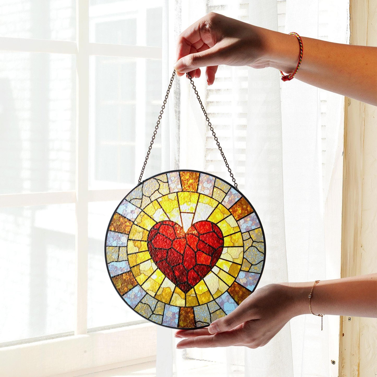Red Mosaic Heart Stained Glass Suncatcher Window Hanging Love Decor Gift for Anniversary or Valentines Day