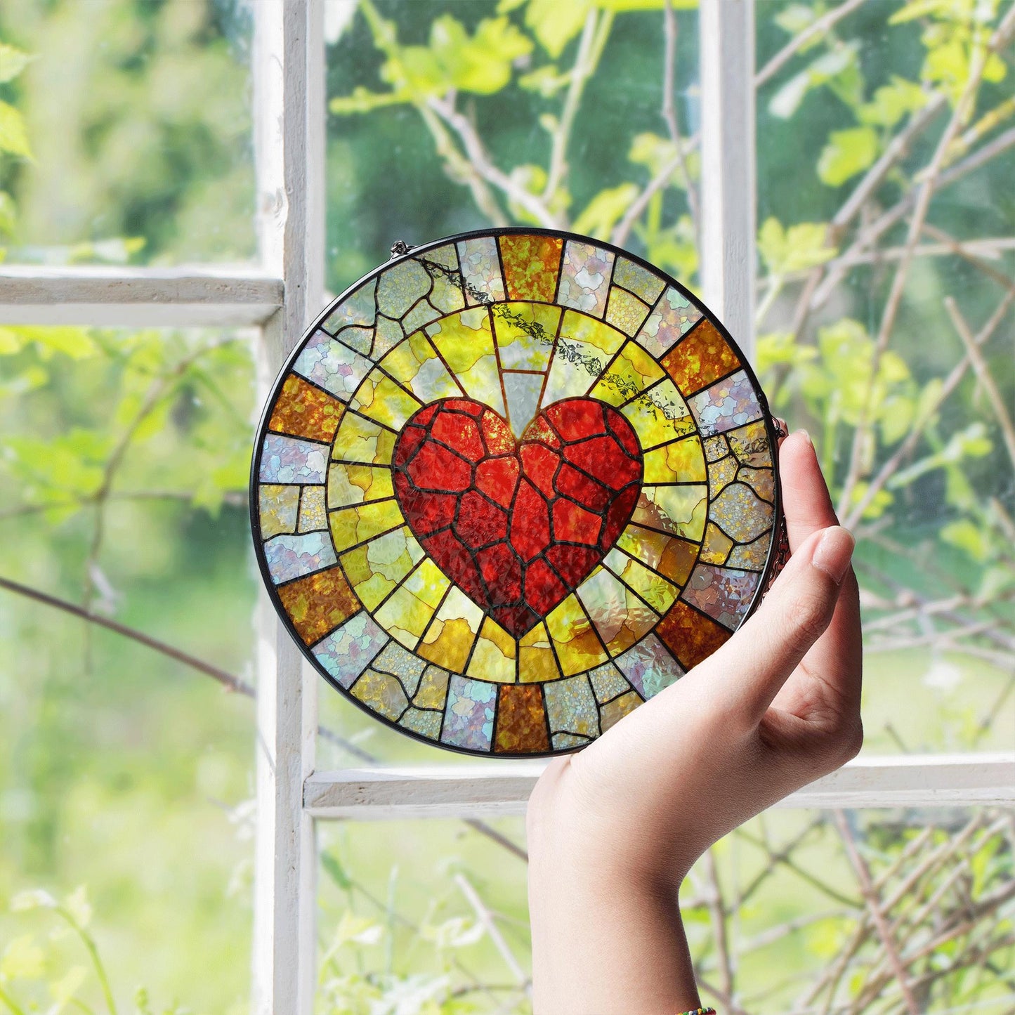 Red Mosaic Heart Stained Glass Suncatcher Window Hanging Love Decor Gift for Anniversary or Valentines Day