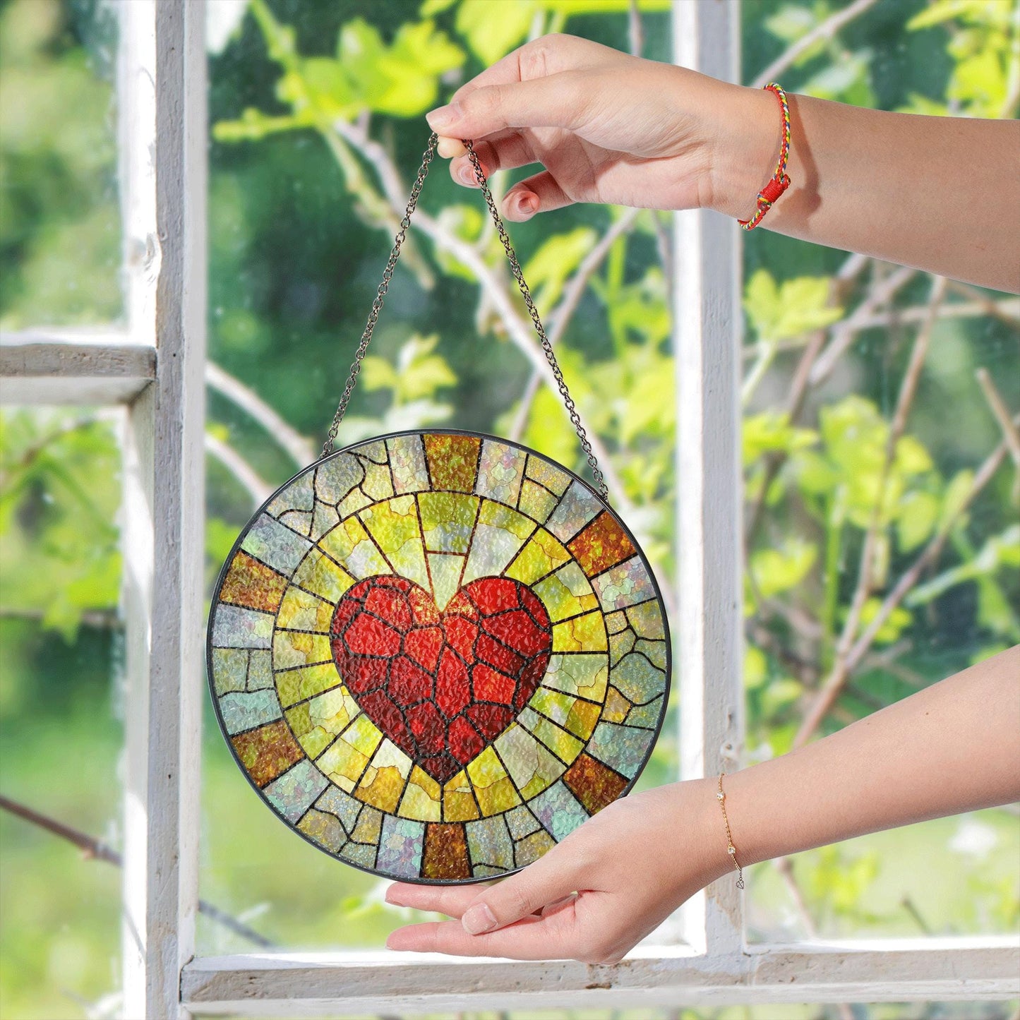 Red Mosaic Heart Stained Glass Suncatcher Window Hanging Love Decor Gift for Anniversary or Valentines Day
