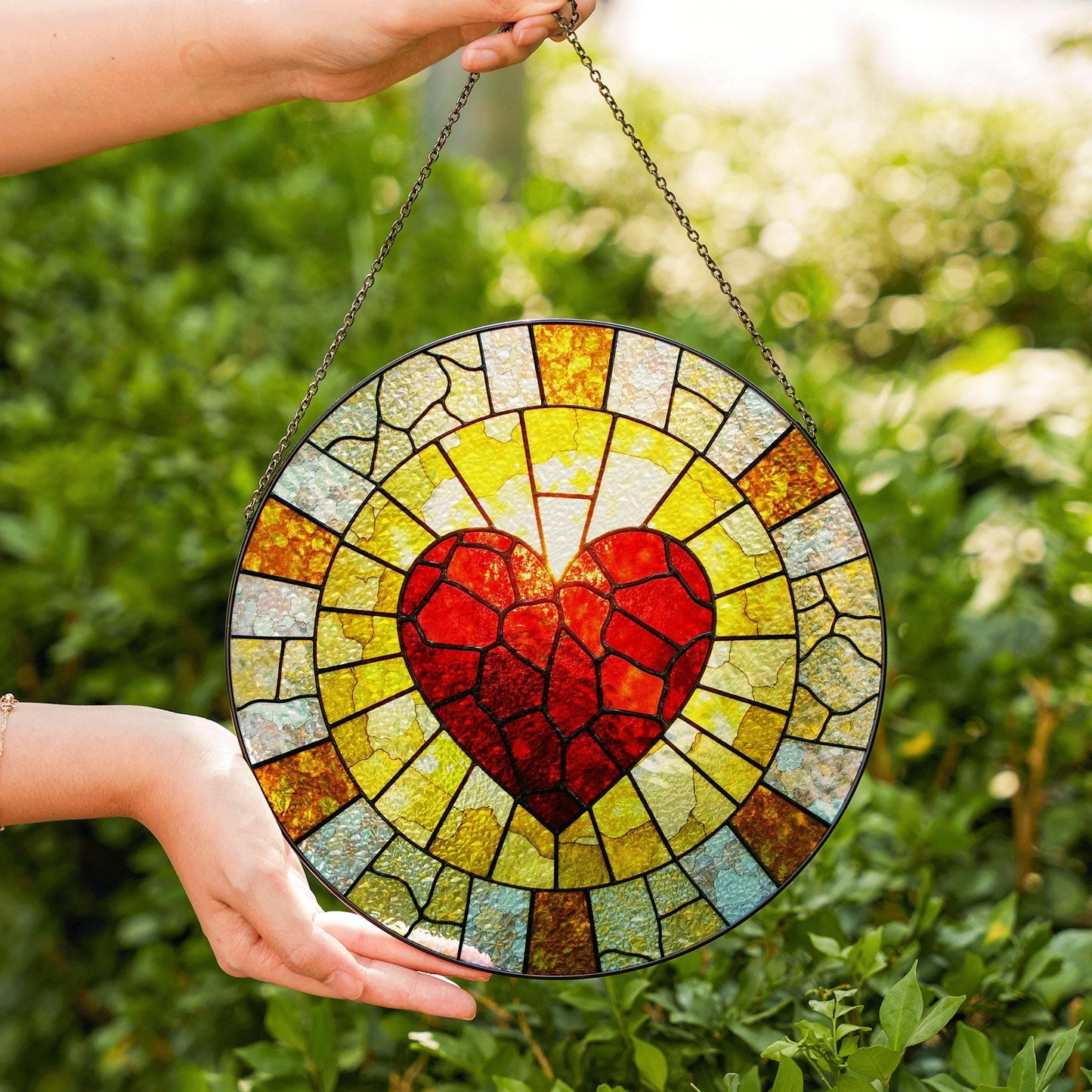 Red Mosaic Heart Stained Glass Suncatcher Window Hanging Love Decor Gift for Anniversary or Valentines Day