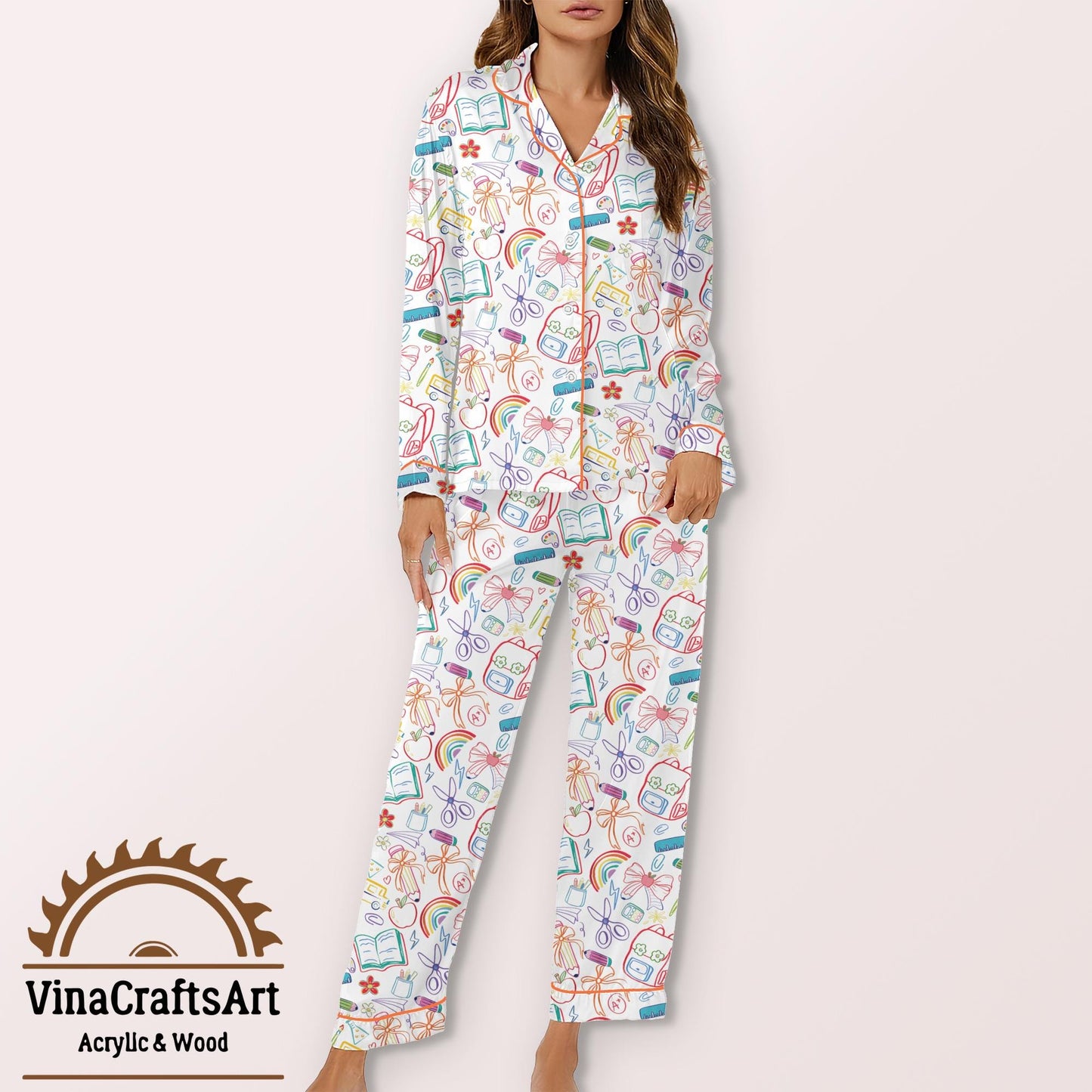 Back To School Retro Pajamas , Fantasy Pajama Set for Women, Soft Satin Short Sleepwear with Magical Crest Print, Book Lover & DnD Gift Idea