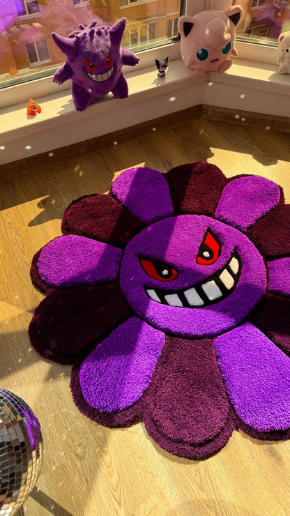 Evil Flower Gengar Puffy Tufted Rug – Custom Handmade 3D Carpet, Fluffy Kawaii Goth Decor, Creepy-Cute Rug for Bedroom size 3 x 3 ft