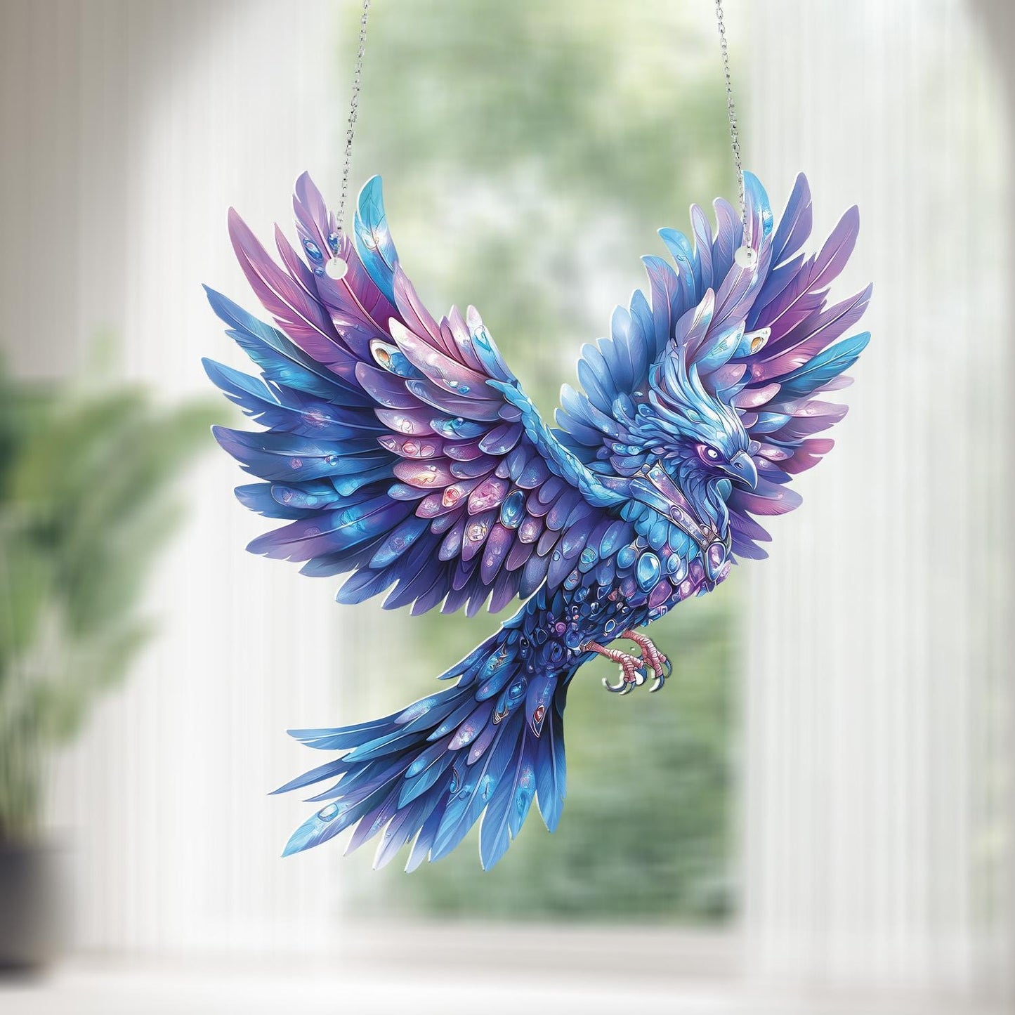 Beautiful Blue & Purple Phoenix Bird Window Hanging Decoration – Vibrant Stained Art Ornament for Home or Gift