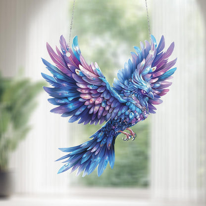 Beautiful Blue & Purple Phoenix Bird Window Hanging Decoration – Vibrant Stained Art Ornament for Home or Gift