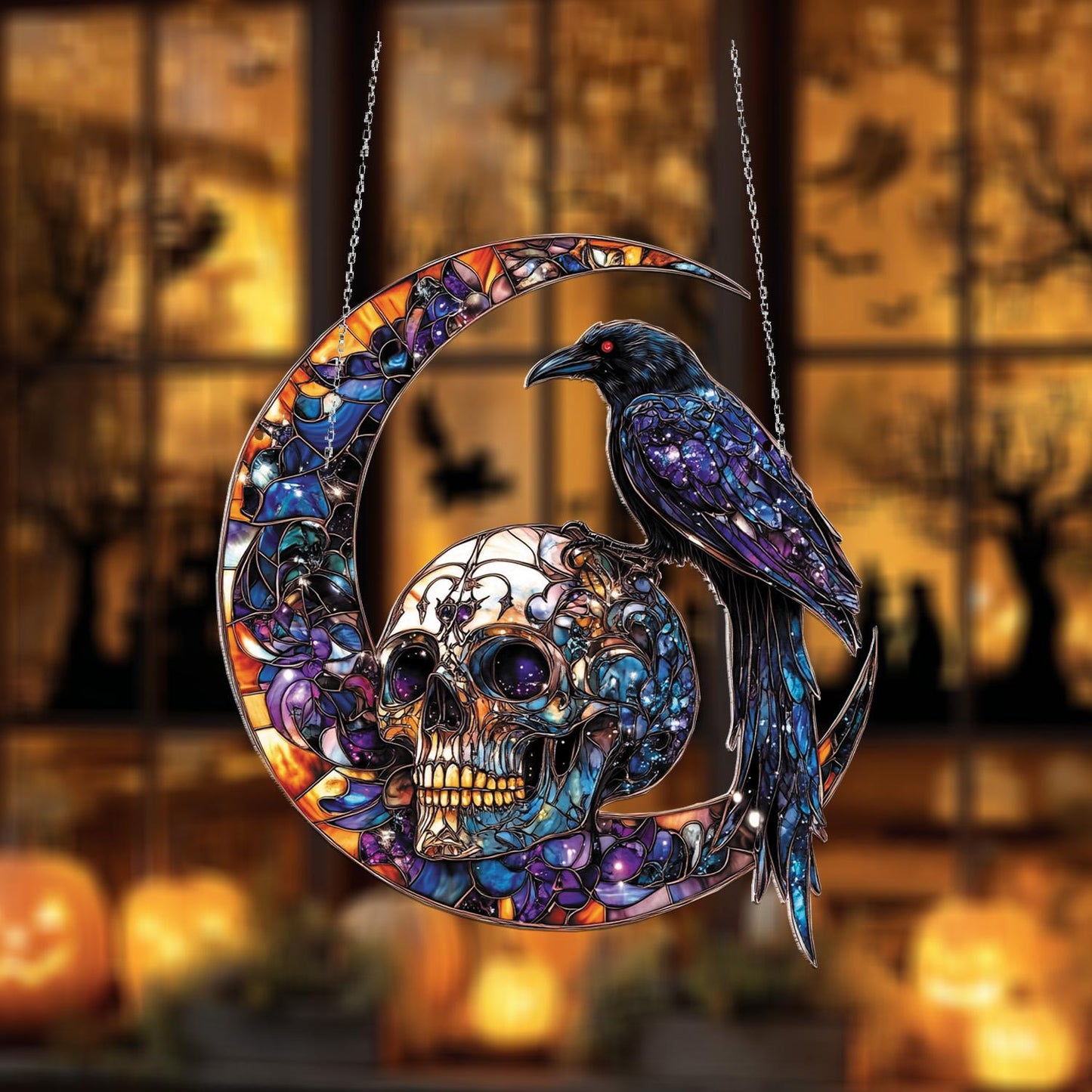Raven on Skull and Crescent Moon Window Hanging – Gothic Halloween Decoration for Spooky Home Décor and Unique Seasonal Gift