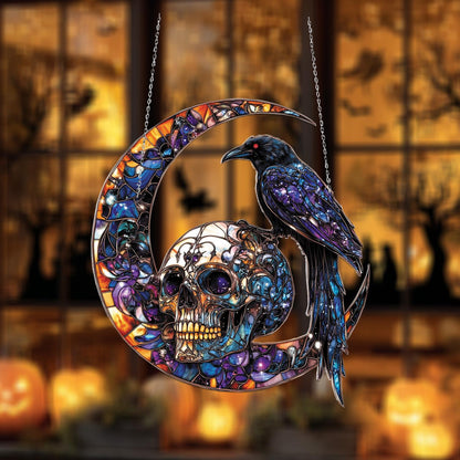 Raven on Skull and Crescent Moon Window Hanging – Gothic Halloween Decoration for Spooky Home Décor and Unique Seasonal Gift