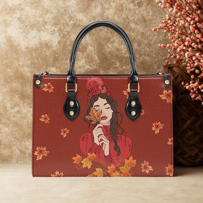 Fall Leaves Women Handbag | Autumn Girl Illustration Tote Bag | PU Leather Purse | Seasonal Cozy Aesthetic Gift for Her