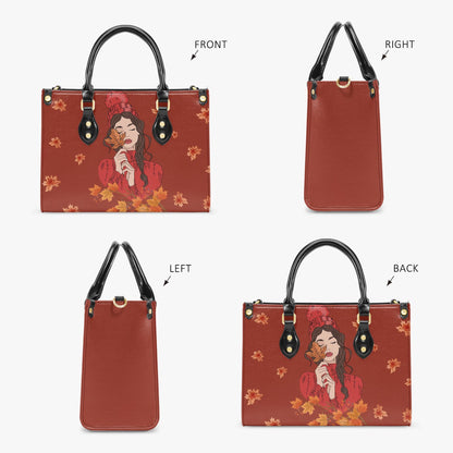 Fall Leaves Women Handbag | Autumn Girl Illustration Tote Bag | PU Leather Purse | Seasonal Cozy Aesthetic Gift for Her