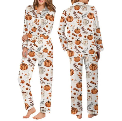 Pumpkin Spice Fall Satin Pajamas Set  Pajamas Set