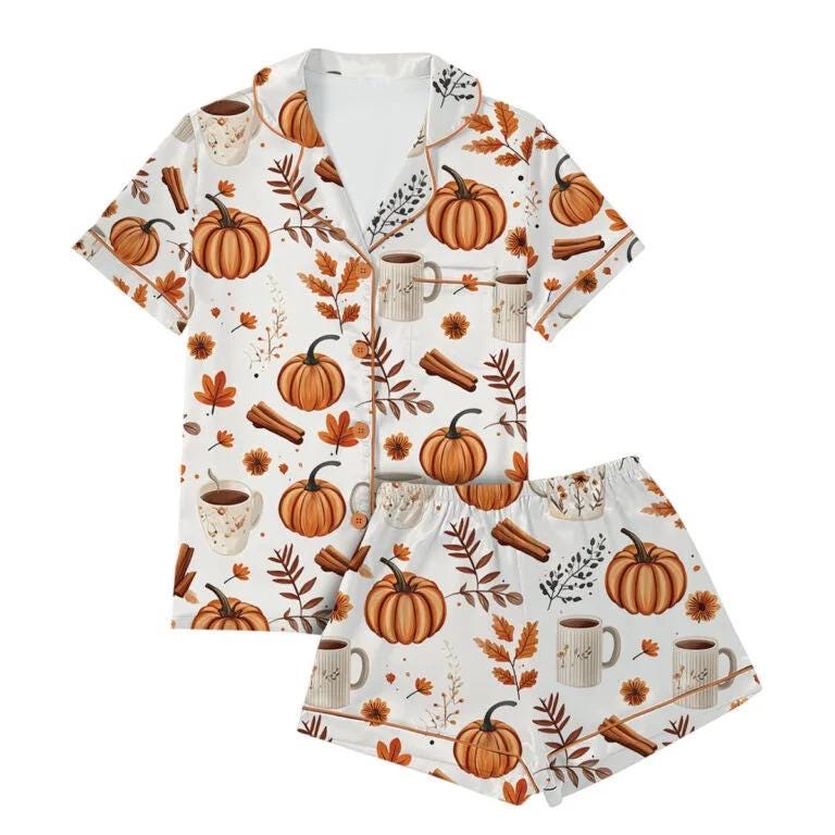 Pumpkin Spice Fall Satin Pajamas Set  Pajamas Set