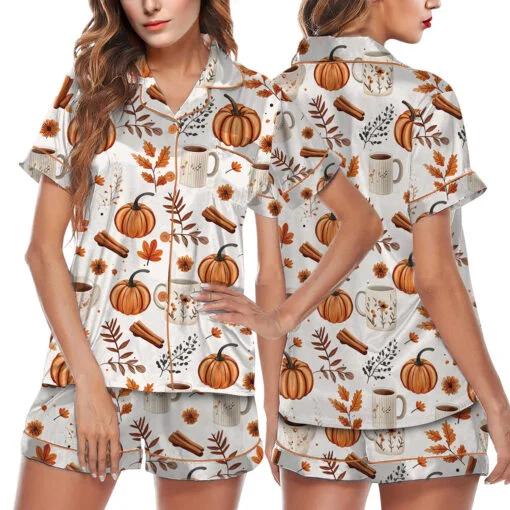 Pumpkin Spice Fall Satin Pajamas Set  Pajamas Set