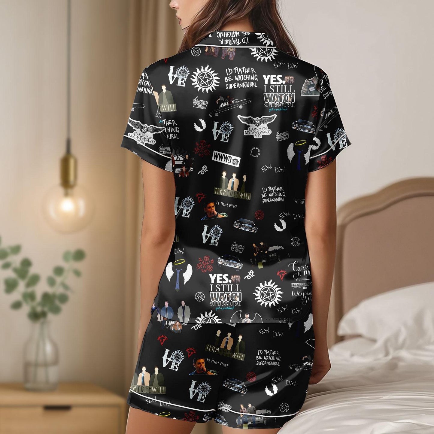 Supernatural Satin Pajamas Shorts, TV Show Pajama Set, Halloween Sleepwear, Fandom Satin Lounge Set, Cosplay Pajamas for Adults