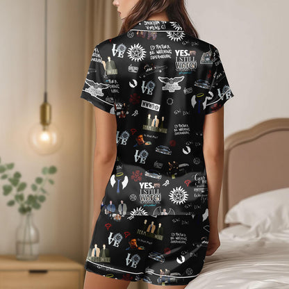 Supernatural Satin Pajamas Shorts, TV Show Pajama Set, Halloween Sleepwear, Fandom Satin Lounge Set, Cosplay Pajamas for Adults