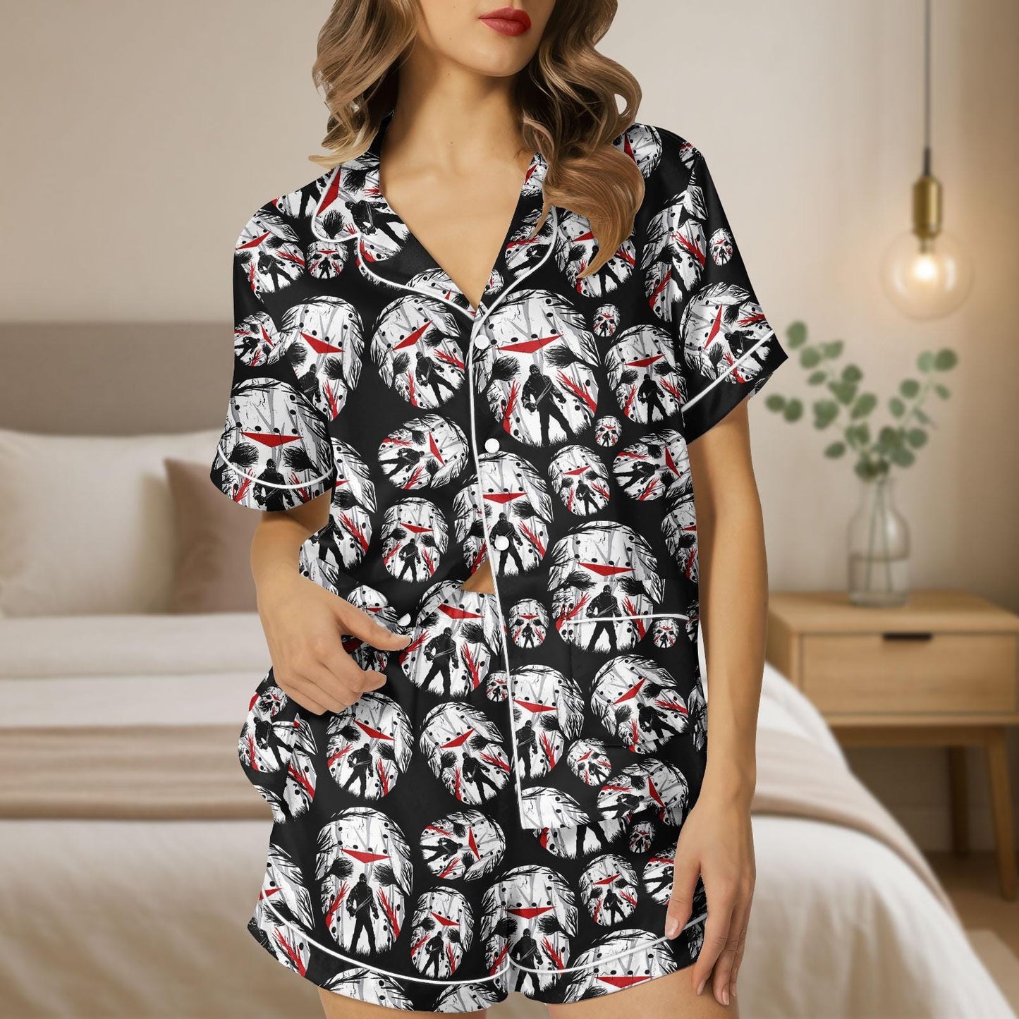 Halloween Horror Satin Pajama Set, Jason Mask Pajamas, Scary Movie Sleepwear, Friday the 13th Pajama Set, Spooky Halloween PJs