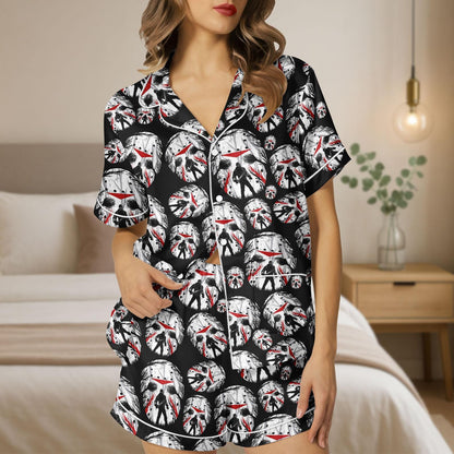 Halloween Horror Satin Pajama Set, Jason Mask Pajamas, Scary Movie Sleepwear, Friday the 13th Pajama Set, Spooky Halloween PJs