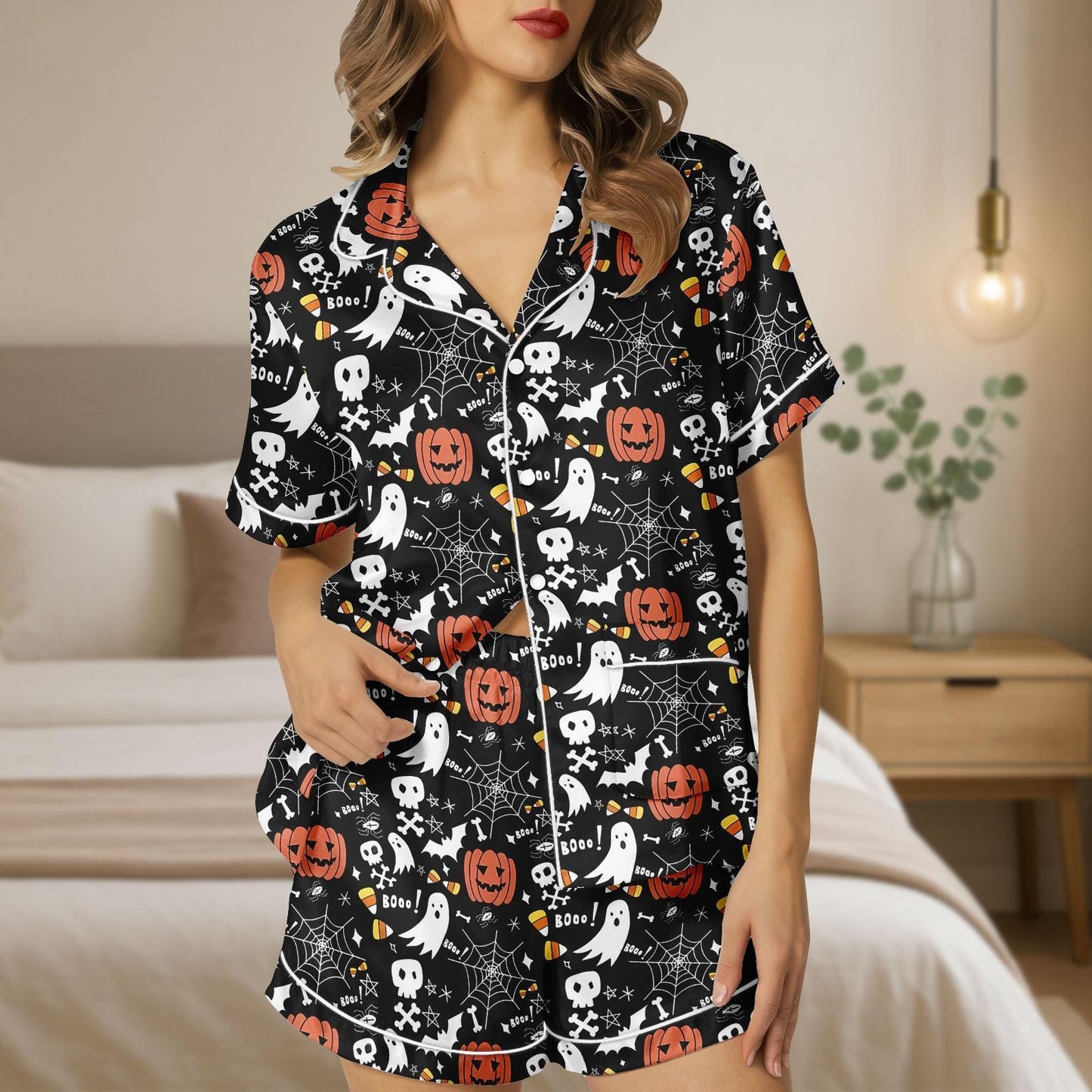 Cute Halloween Ghost Pumpkin Satin Pajama Shorts, Spooky Spider Web Sleepwear, Fall Pumpkin PJs, Women’s Halloween Pajama Shorts Set