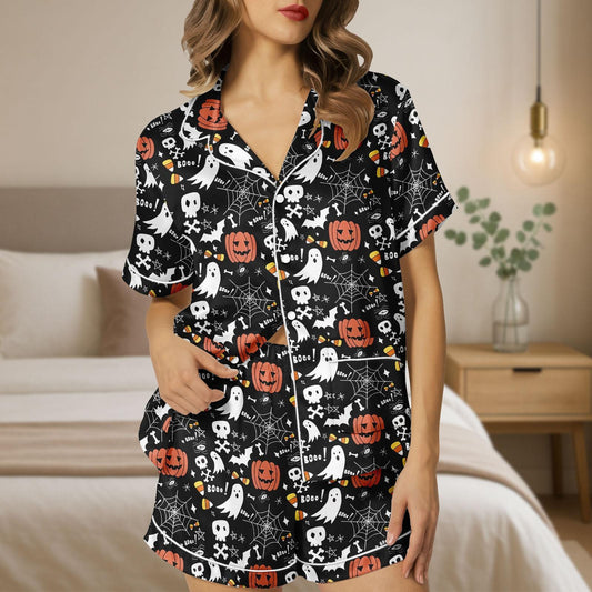 Cute Halloween Ghost Pumpkin Satin Pajama Shorts, Spooky Spider Web Sleepwear, Fall Pumpkin PJs, Women’s Halloween Pajama Shorts Set