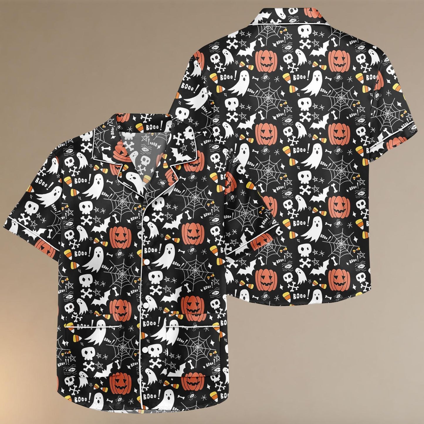 Cute Halloween Ghost Pumpkin Satin Pajama Shorts, Spooky Spider Web Sleepwear, Fall Pumpkin PJs, Women’s Halloween Pajama Shorts Set