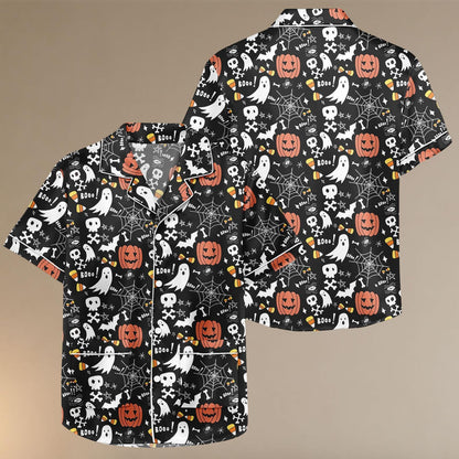 Cute Halloween Ghost Pumpkin Satin Pajama Shorts, Spooky Spider Web Sleepwear, Fall Pumpkin PJs, Women’s Halloween Pajama Shorts Set