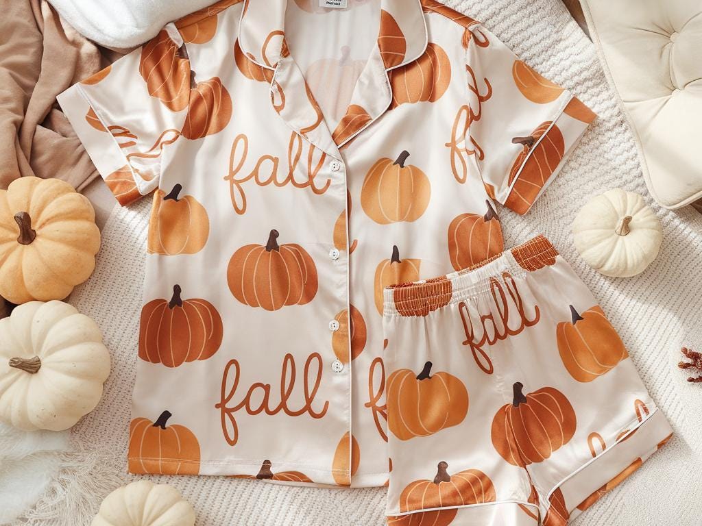 Cozy Fall Aesthetic Satin Pajamas, Boho Autumn Pjs, Cozy Season Pjs, Autumn Pajamas, Fall Pajamas, Fall Pumpkin Pajamas, Family Pyjamas Set