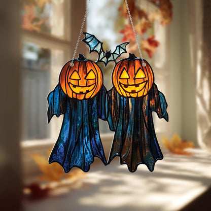 Halloween Pumpkin Ghost Duo Window Hanging, Spooky Autumn Decor, Gothic Jack O’Lantern Ornament for Fall and Halloween Decoration