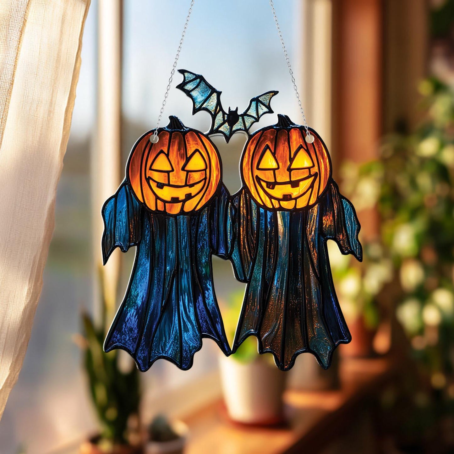 Halloween Pumpkin Ghost Duo Window Hanging, Spooky Autumn Decor, Gothic Jack O’Lantern Ornament for Fall and Halloween Decoration