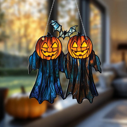 Halloween Pumpkin Ghost Duo Window Hanging, Spooky Autumn Decor, Gothic Jack O’Lantern Ornament for Fall and Halloween Decoration