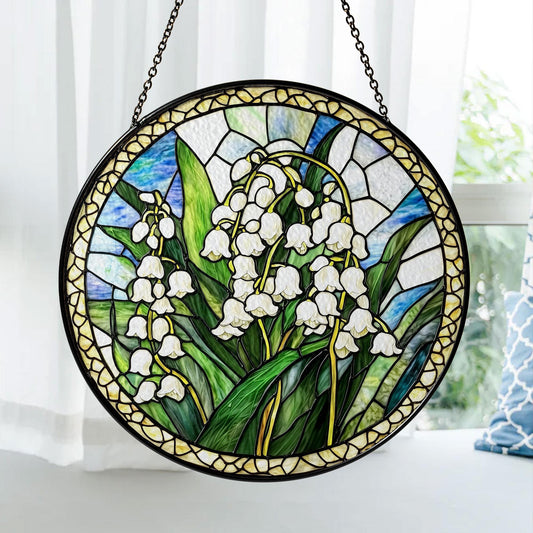 Lily of the Valley Stained Glass Suncatcher, Round Hanging Window Panel, Floral Garden Home Decor, Handmade Glass Art Gift for Her