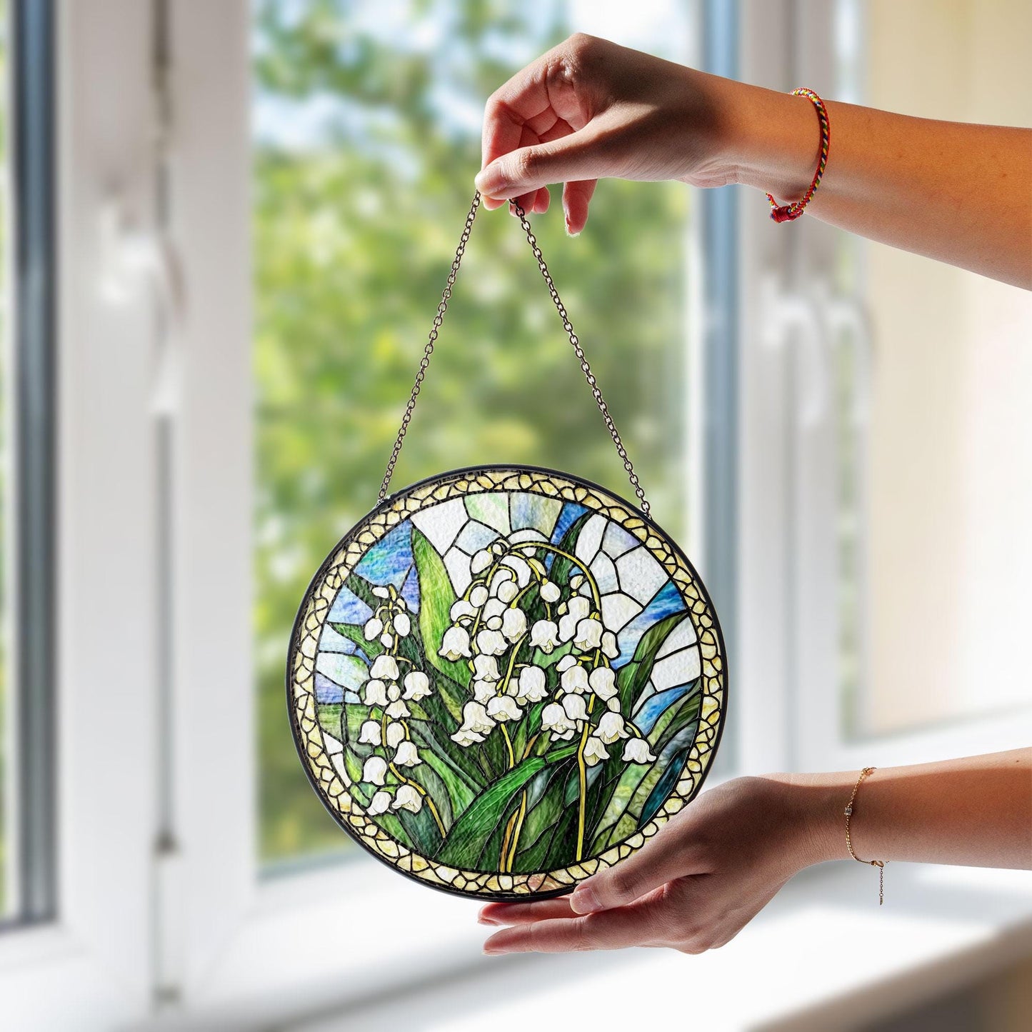 Lily of the Valley Stained Glass Suncatcher, Round Hanging Window Panel, Floral Garden Home Decor, Handmade Glass Art Gift for Her