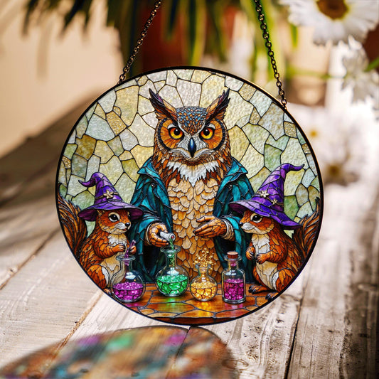 Suncatcher stained glass owl with potion bottles Halloween gift for mom Christmas gift