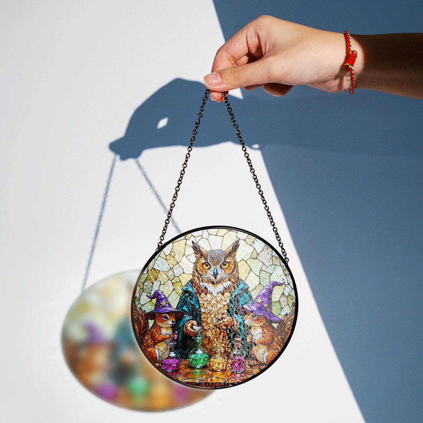 Suncatcher stained glass owl with potion bottles Halloween gift for mom Christmas gift