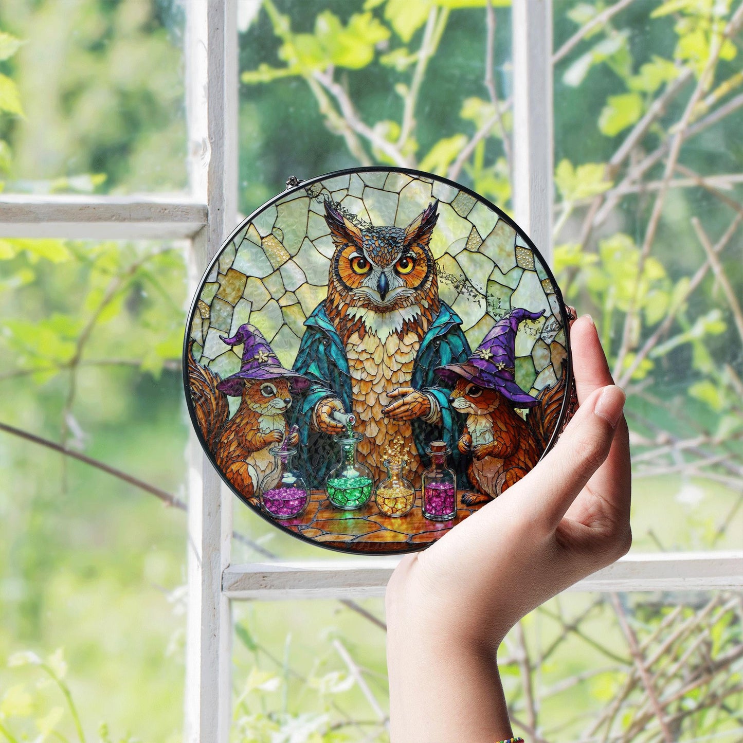 Suncatcher stained glass owl with potion bottles Halloween gift for mom Christmas gift