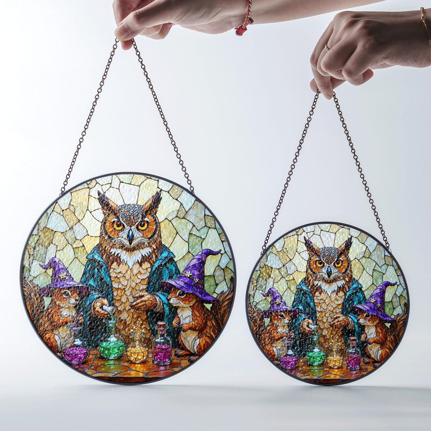 Suncatcher stained glass owl with potion bottles Halloween gift for mom Christmas gift