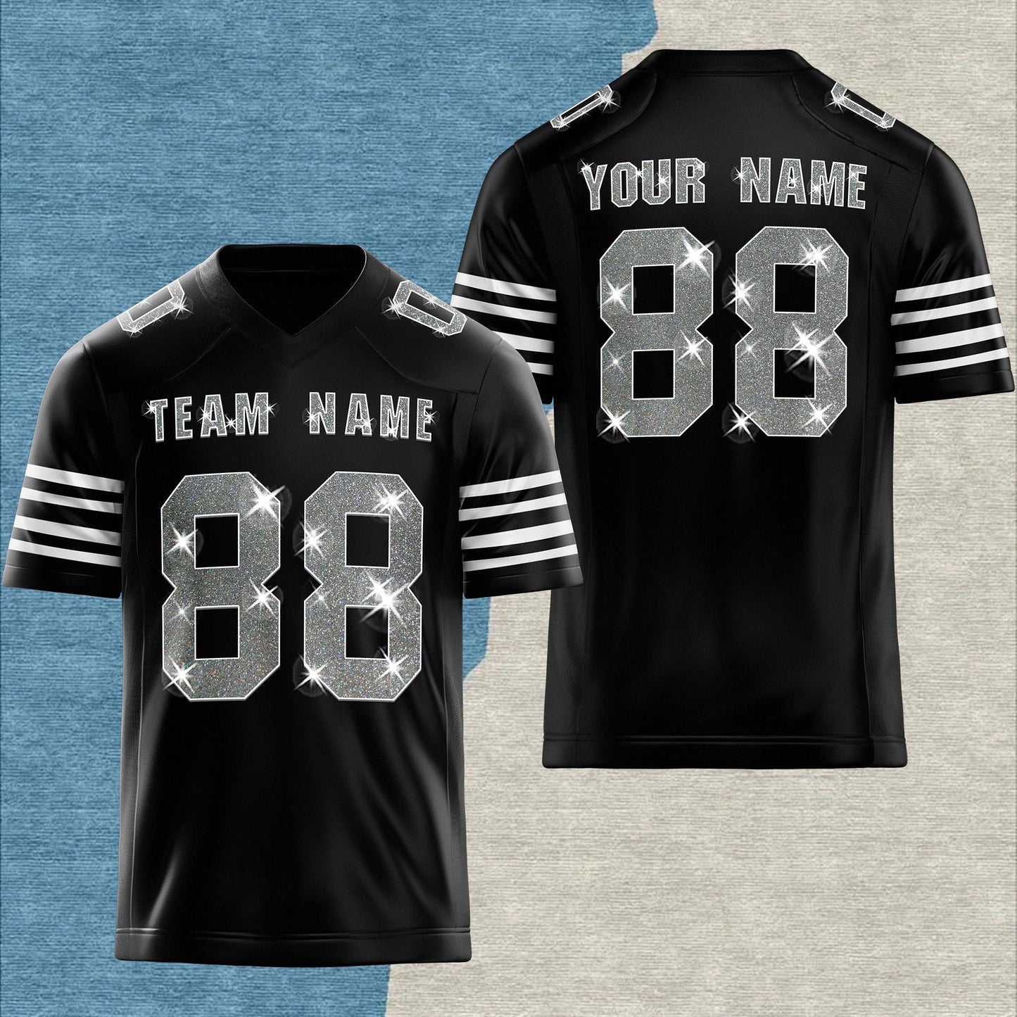 Custom Football Jersey: Sequins Glitter Text, Stitched Name & Number for Men Women Youth