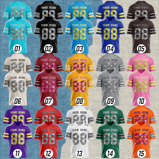Custom Football Jersey: Sequins Glitter Text, Stitched Name & Number for Men Women Youth