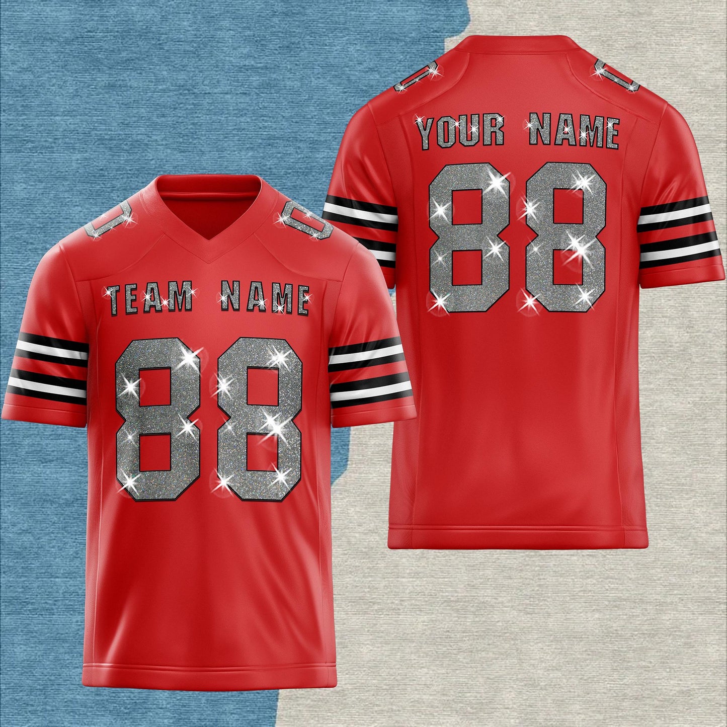 Custom Football Jersey: Sequins Glitter Text, Stitched Name & Number for Men Women Youth