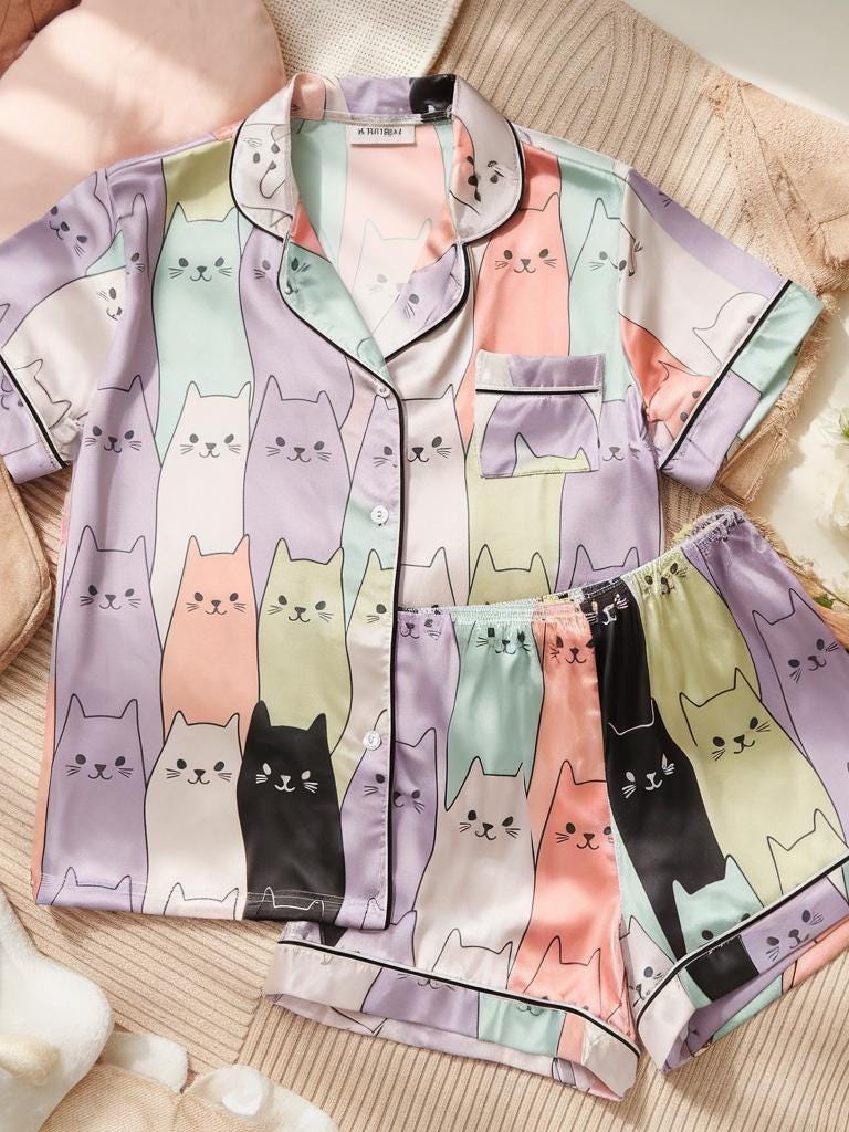 Autumn Cats Satin Pajamas Set, Halloween Pajamas Set, Cats Pajamas, Fall Cats Pajamas, Cozy Autumn Cats Pajamas, Family Matching Pajamas Set