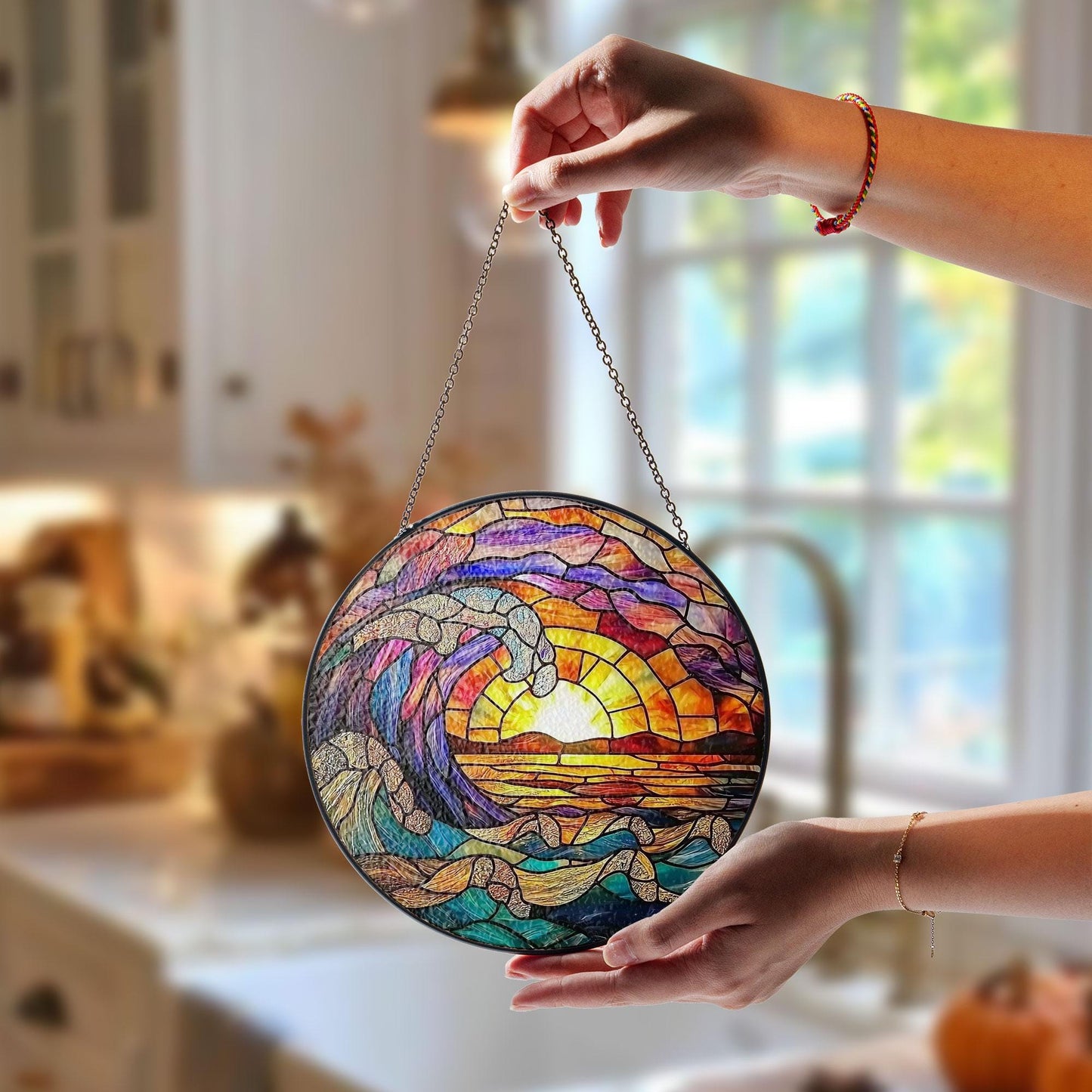 Ocean Wave Stained Glass Suncatcher, Round Hanging Window Panel, Sunset Beach Coastal Home Decor, Handmade Sea Wave Glass Art Gift