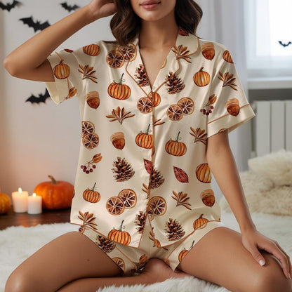 Autumn Pumpkin and Pinecone Satin Pajama Set for Women, Cozy Silky Loungewear, Cozy Fall Aesthetic Satin Pajamas,Cozy Fall Christmas Pajamas  Pajamas Set