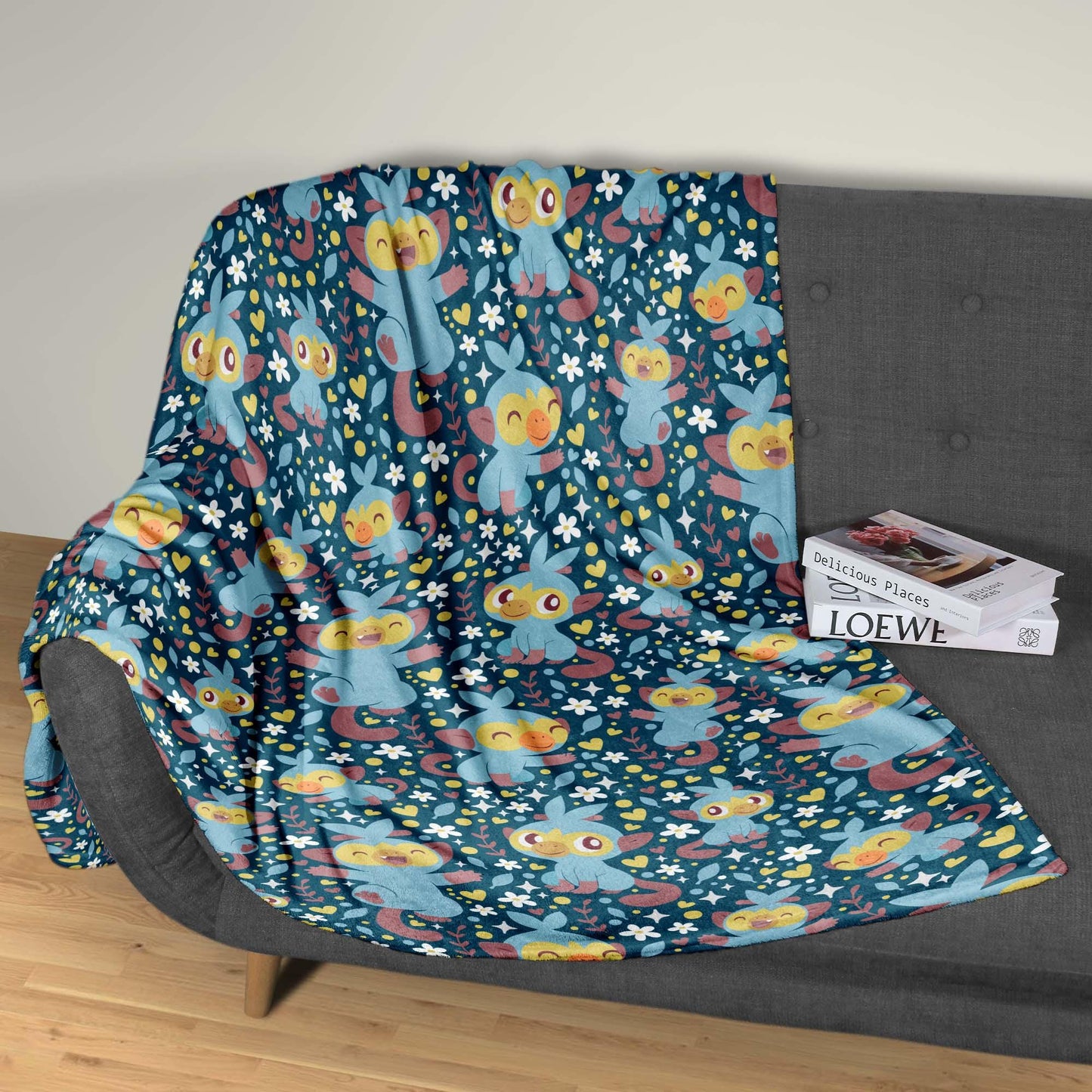 Grookey Fleece Blanket, Cute Kawaii Throw for Kids and Adults, Soft Cozy Cotton Bedding, Monkey Home Decor Gift, Grookey Blanket Gifts